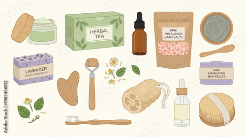 Natural Wellness Self Care Products Herbal Tea Lavender Soap Bath Salts Organic Beauty Flat Lay Illustration