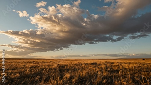 Wide Screen Prairie Landscape at Sunset with Dramatic Clouds