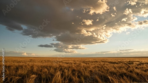 Ultra Wide Panoramic Prairie Landscape with Dramatic Cloud Shadows and Low Sunlight