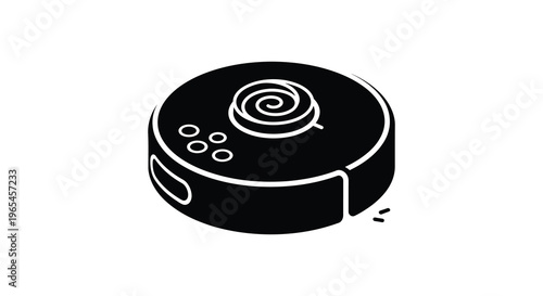 A minimalist black silhouette depicts a modern robotic vacuum cleaner showcasing a circular design and cleaning path silhouette