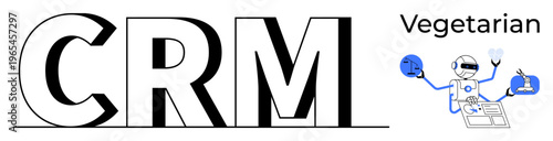 Customer relationship management, automation, AI tools, vegetarian food tracking, digital transformation, workflow management. Robot balancing symbols and data. CRM and automation concept