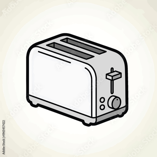 Illustration of a toaster appliance. It has a boxy design with two slots for bread, control knob, and a lever. Rendered with black outlines