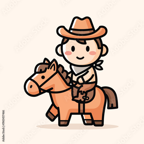 An illustration depicts a cartoon cowboy riding a horse. The cowboy has a hat, neckerchief, and rosy cheeks. The horse and cowboy are both brown