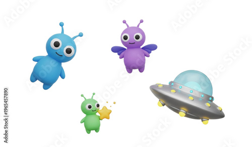 3D playful alien character PNG collection with UFOs and space creatures