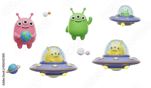 Cute 3D alien and UFO collection vector PNGs for kids and cartoon illustrations