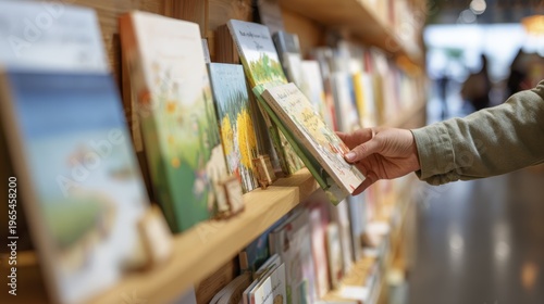 Person choosing a book from a colorful bookshelf in a cozy bookstore