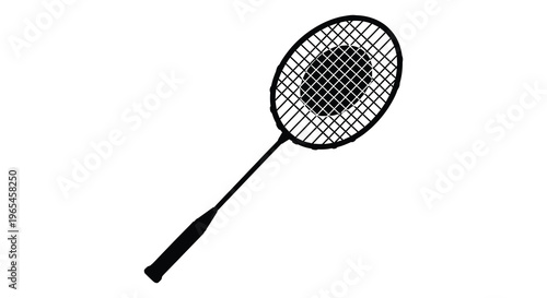 A black silhouette of a badminton racket against a plain white background showcasing its sporty design silhouette