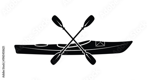 A striking black silhouette depicts a kayak with crossed paddles showcasing recreational watersport equipment silhouette high quality professional