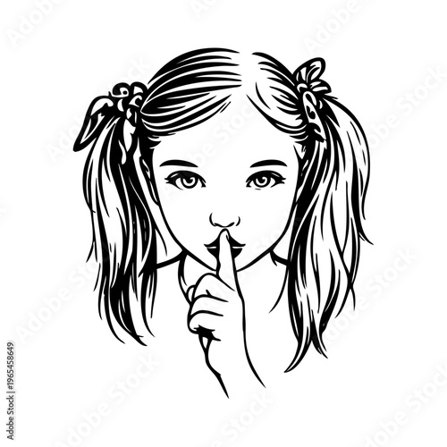 Dibujo sencillo con líneas de una niña peinada con coletas, haciendo un gesto de silencio con el dedo en los labios mirando de frente 