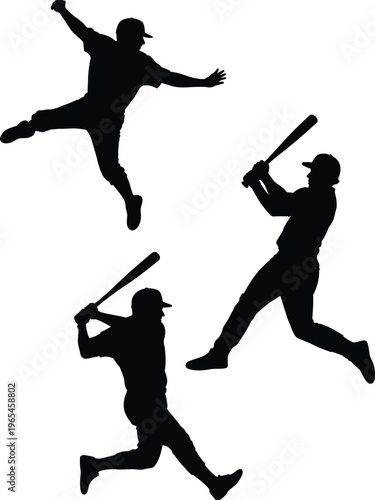 Baseball players silhouette, pitcher throwing vector, batter swinging illustration, sports action design, athletic motion, black silhouette, competitive game, baseball art