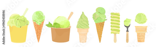 Vector illustration set of cartoon pistachio and green tea ice cream scoop in waffle cone, bowl and paper cup. Tasty summer hand drawn dessert isolated on white. Perfect for menu, packaging and design