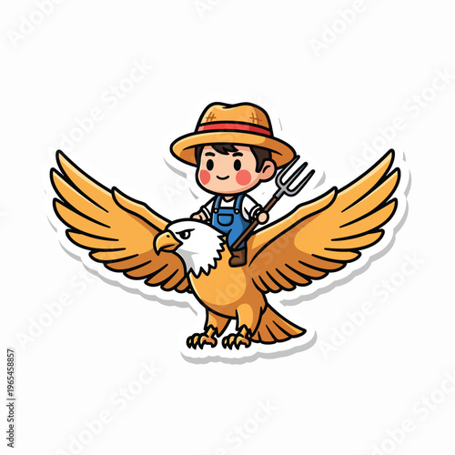 Cartoon-style illustration depicts a person in overalls riding a large bird, holding a pitchfork. The bird has large wings