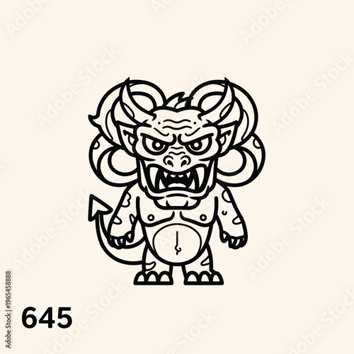 Black outline illustration of a cartoon monster with horns, fangs, and a tail, positioned centrally on a beige background. The monster looks angry and hostile