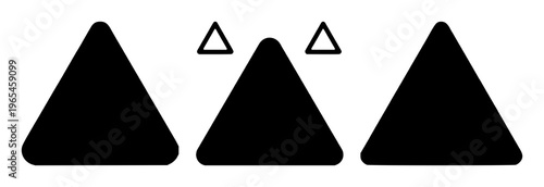 Warning triangle icon set with solid black symbol on white background featuring alert, warning, triangle with emergency and caution