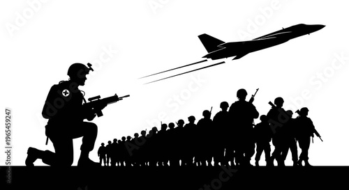 Silhouette of Soldiers and Jet Fighter in Dramatic Military Operation