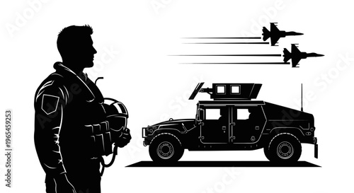 Silhouette of Soldier, Humvee, and Fighter Jets in Flight