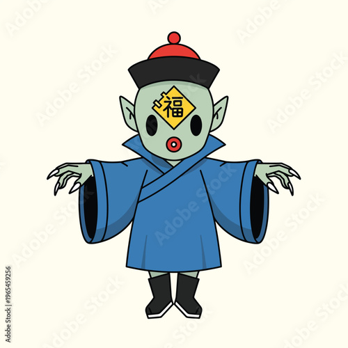 A zombie-like figure in traditional attire with a hat, long nails, and a Chinese character on its forehead