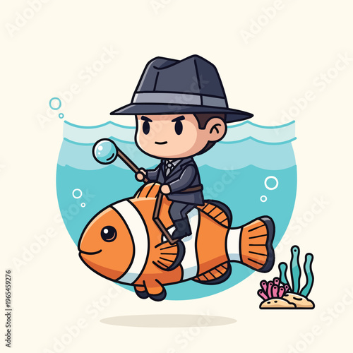 An illustration depicting a character in a suit and hat riding on an orange clownfish in the sea. He holds a magnifying glass
