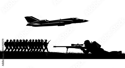 Silhouette of soldiers marching, a sniper aiming, and a jet fighter in the sky