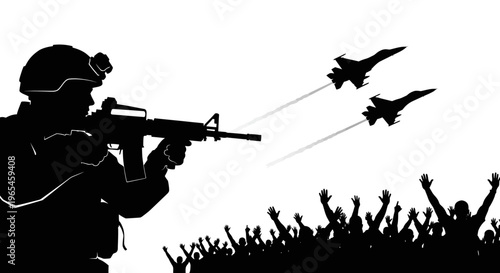 Soldier Aims Rifle, Jets Fly Over Crowd with Raised Hands, War and Protest Concept