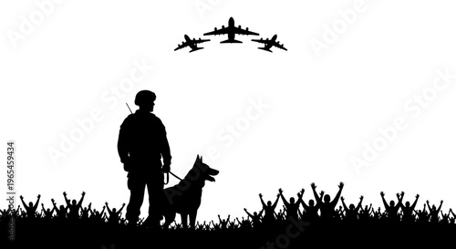 Soldier and Dog Silhouette with Airplanes and Crowd