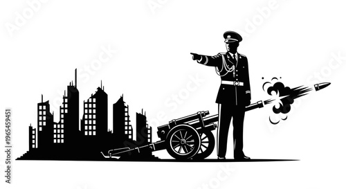 Soldier fires cannon at city skyline, symbolizing war and urban conflict