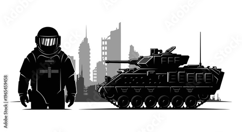 Soldier in Hazmat Suit and Armored Vehicle in Ruined City Silhouette
