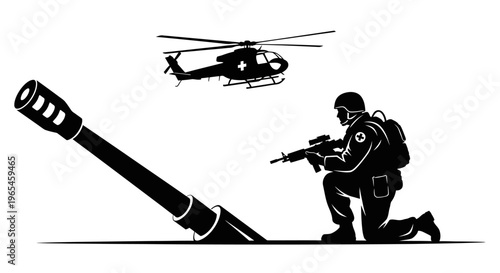 Soldier Kneeling with Rifle and Helicopter Overhead, Artillery Gun Barrel