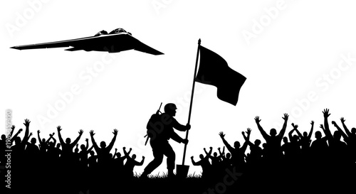Soldier Planting Flag Amidst Cheering Crowd with Stealth Bomber Flying Overhead