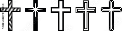 Set of five minimalist black and white Christian cross symbols isolated on white background for religious design