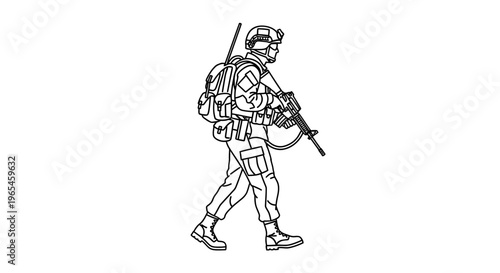 Soldier walking with rifle and backpack, military, army, tactical gear, combat, uniform, weapon, equipment