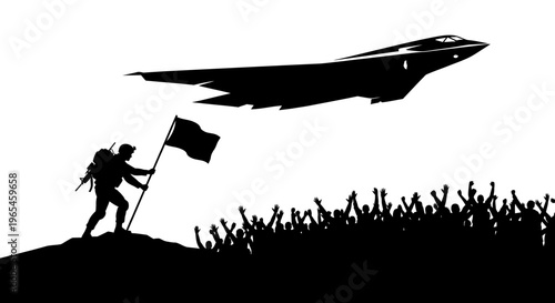 Soldier with flag celebrates victory as fighter jet flies overhead, crowd cheers