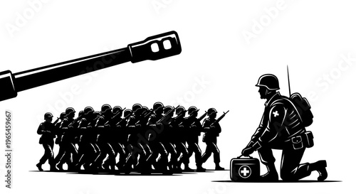 Soldier with First Aid Kit Facing Military Marching Formation and Cannon Barrel