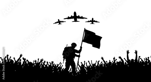 Soldier With Flag and Airplanes Silhouette, Crowd Cheering, Victory, Patriotism, Military Parade