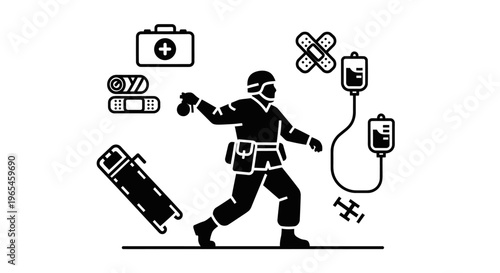 Soldier with Medical Supplies: First Aid, IV Drip, Stretcher, Bandages