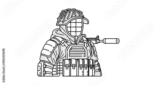 Soldier with Rifle and Tactical Gear, Military Special Forces Operator, Black and White Illustration