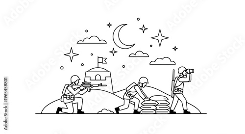 Soldiers in battle at night, fort, moon, stars, war, military, action, defense, strategy