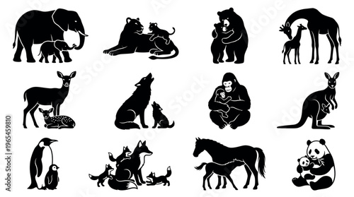 Wild Animal Mother and Baby Silhouette Icon Set Depicting Maternal Care Nurturing and Parental Bond Across Species
