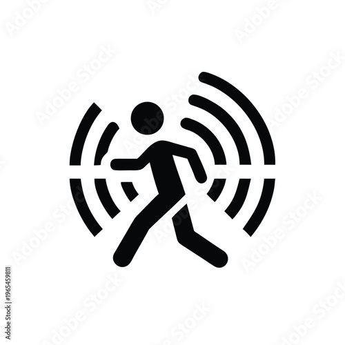Movement detection sensor icon with person silhouette and sound waves, indicating motion