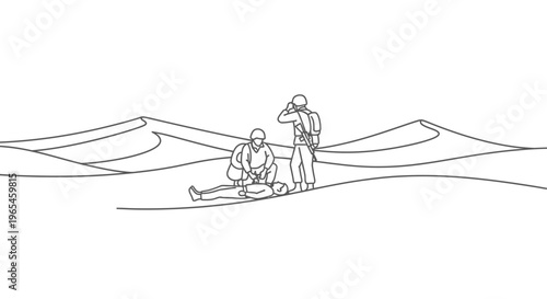 Soldiers providing first aid to injured comrade in desert landscape, line art illustration