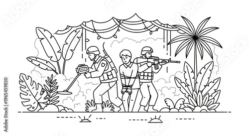 Soldiers with metal detector rescue captive in jungle, military operation, hostage rescue