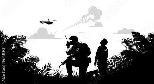 Special Forces Soldiers in Jungle, Helicopter Overhead, Combat Scene