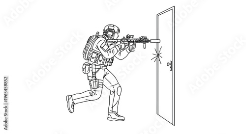 Special Forces Soldier Breaching Door with Rifle, Tactical Entry, SWAT Team Action