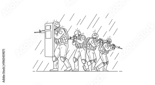 Special forces team in formation during a downpour, tactical operation, rain, military, police, SWAT