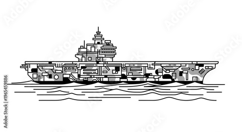 Stylized Illustration of an Aircraft Carrier in Black and White