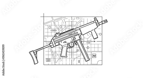 Submachine Gun Blueprint with Tactical Map Overlay