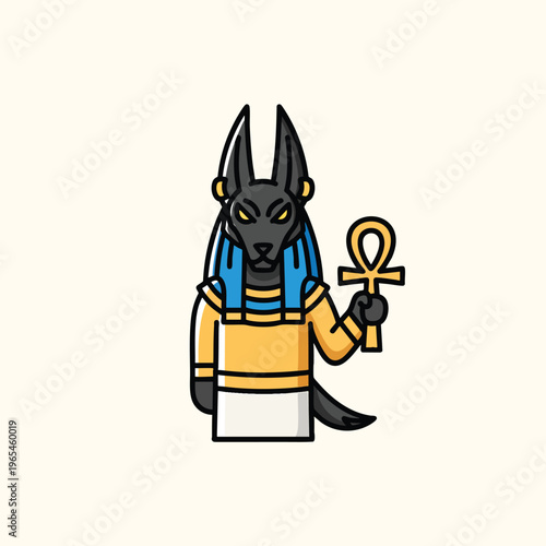 Flat illustration of an Egyptian deity with a dog's head, holding an ankh symbol, wearing blue, gold, and white