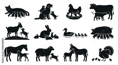  Farm Animal Mother and Baby Silhouette Icon Set Showing Parental Nurturing and Domestic Animal Family Bonds