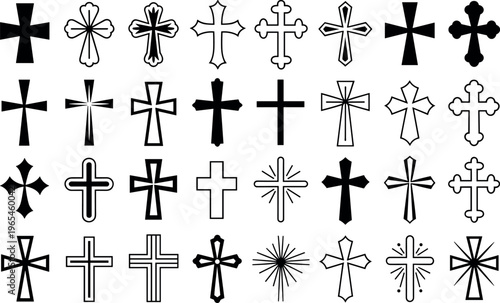 Collection of black and white religious cross symbols set isolated on transparent background for design