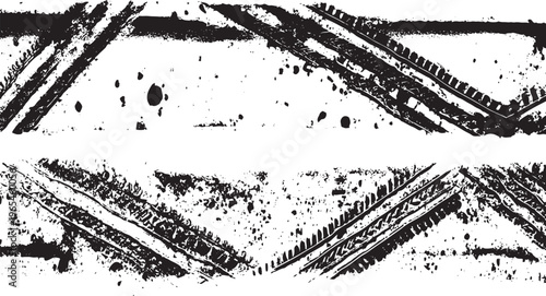Black tire tracks and grunge texture patterns on white background